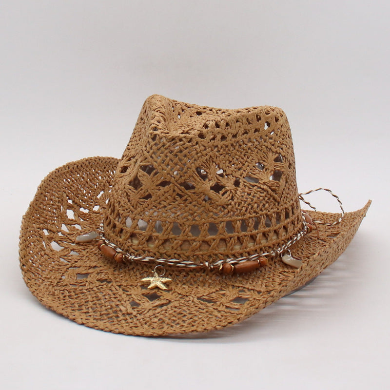 Sombrero de jazz tejido de paja occidental con huecos de verano