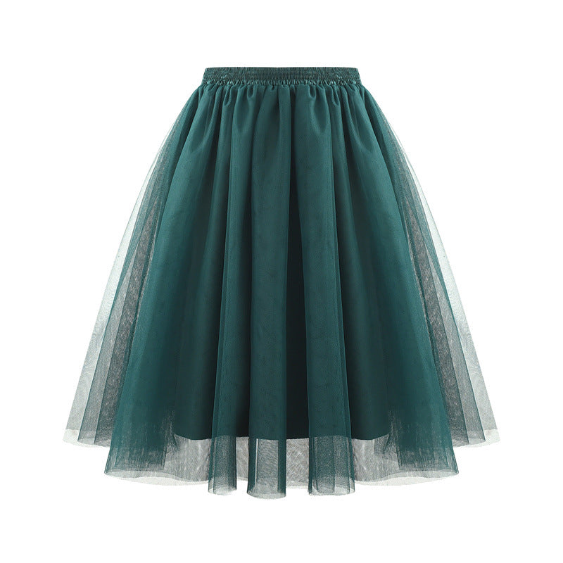 Women Fashion Elegant Solid Color High Waist Pleated Mesh Skirt