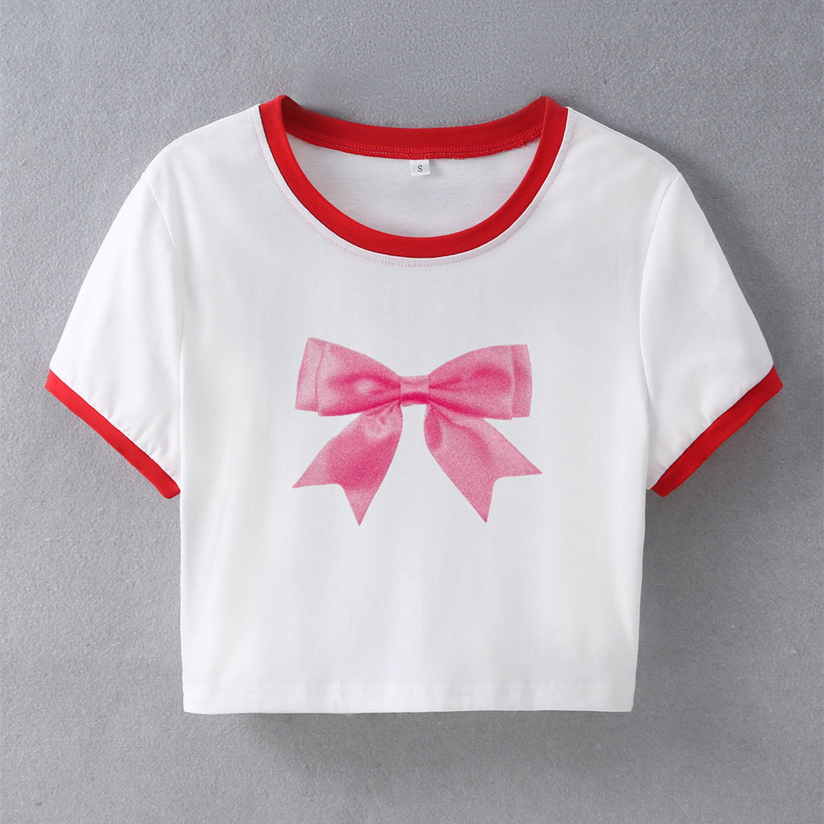 Camiseta corta con lazo de moda urbana para mujer, jersey de manga corta