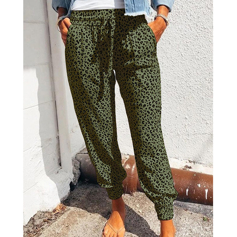 Women Fashion Casual Leopard Loose Lace-Up Pants