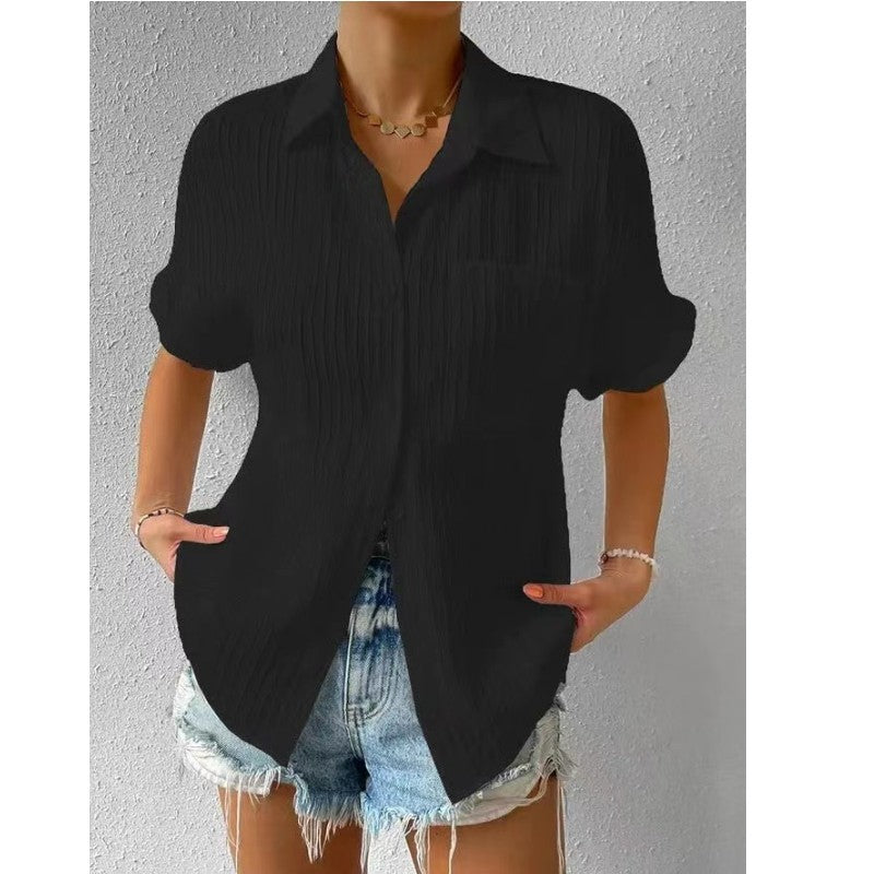 Women Casual Solid Color Cotton Blend Blouse