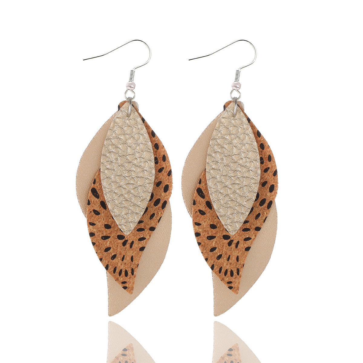 Women Fashion Pu Leather Triple Leaf Shape Earrings