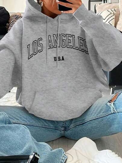 Sweat à capuche ample et décontracté pour femme avec imprimé lettres