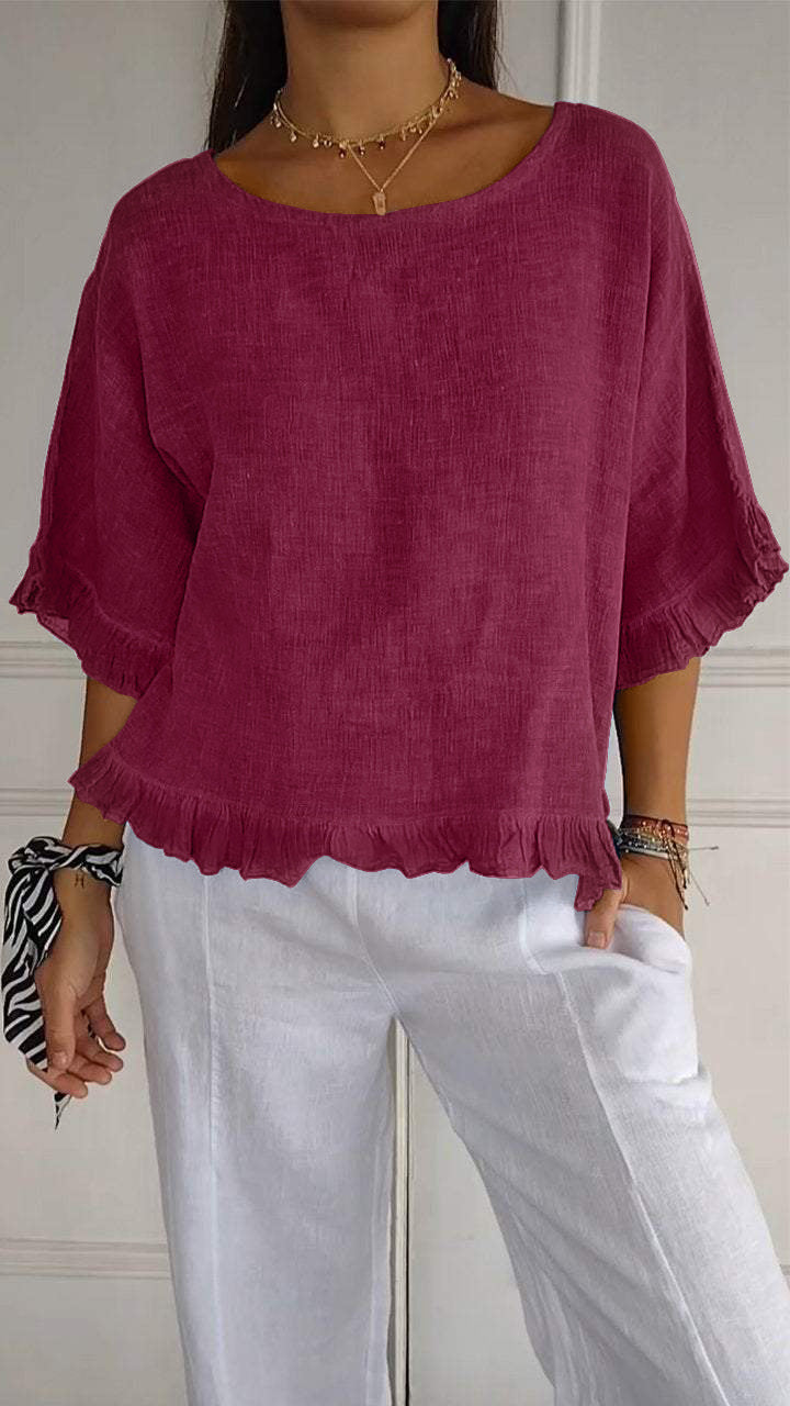 Camisa informal de lino y algodón de color liso para mujer
