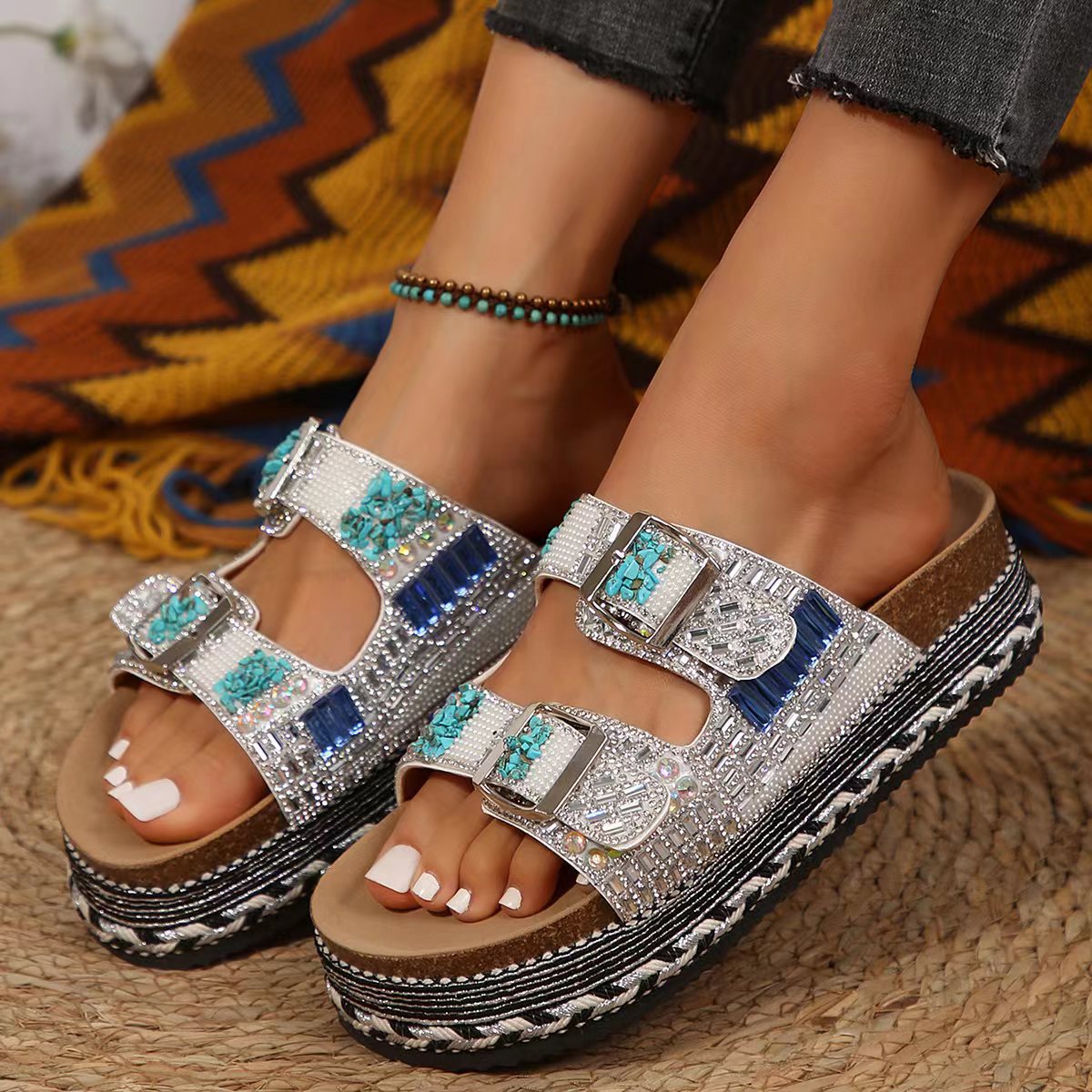 Pantuflas retro con doble hebilla y diamantes de imitación para mujer - Suela gruesa y cómoda