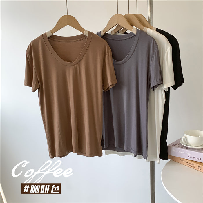 Camiseta informal de verano para mujer, color liso, con cuello en U y mangas abullonadas
