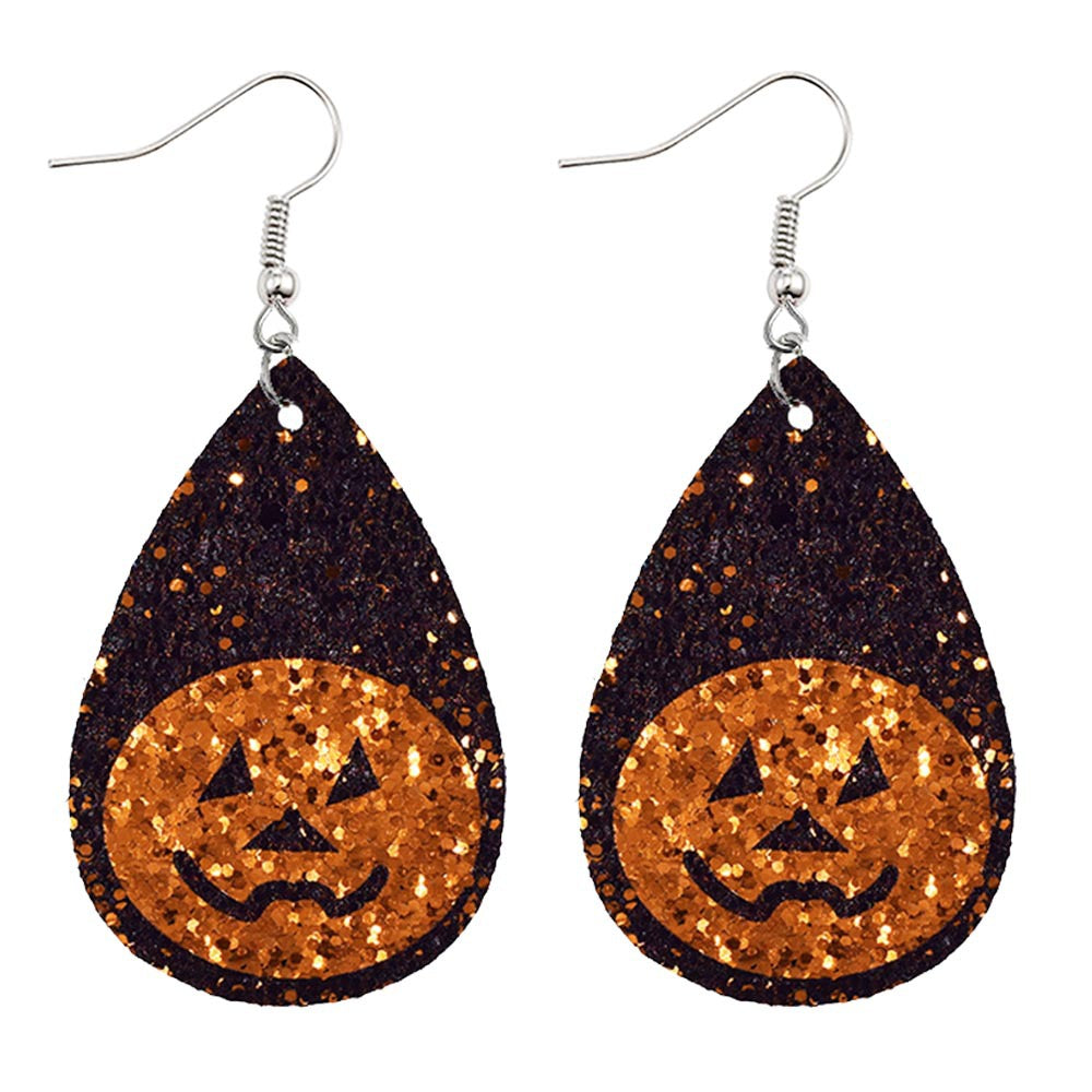 Halloween Women Horror Funny Pumpkin Ghost Bat PU Earrings