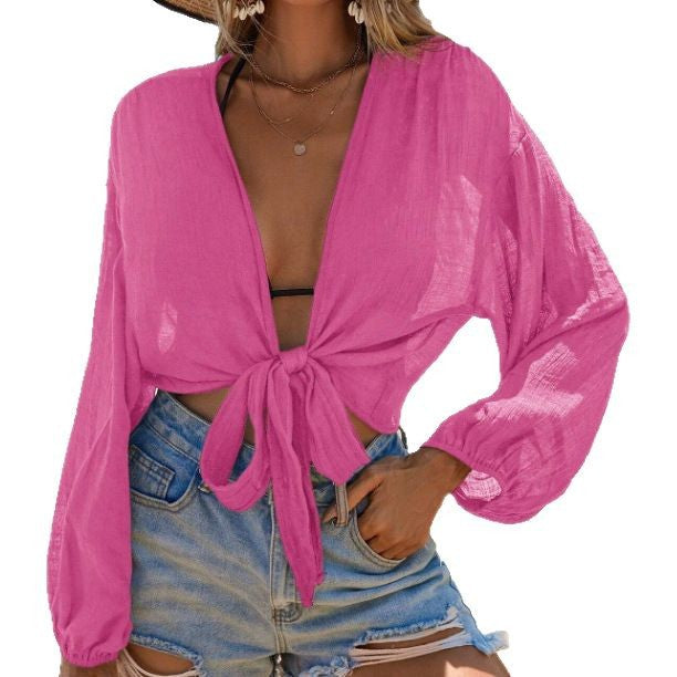 Chemisier sexy en coton et lin de couleur unie pour femme