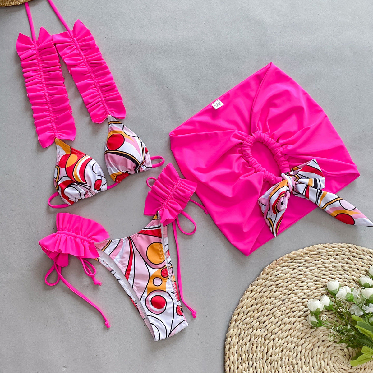 Conjunto de tres piezas para mujer, traje de baño con volantes para vacaciones de verano