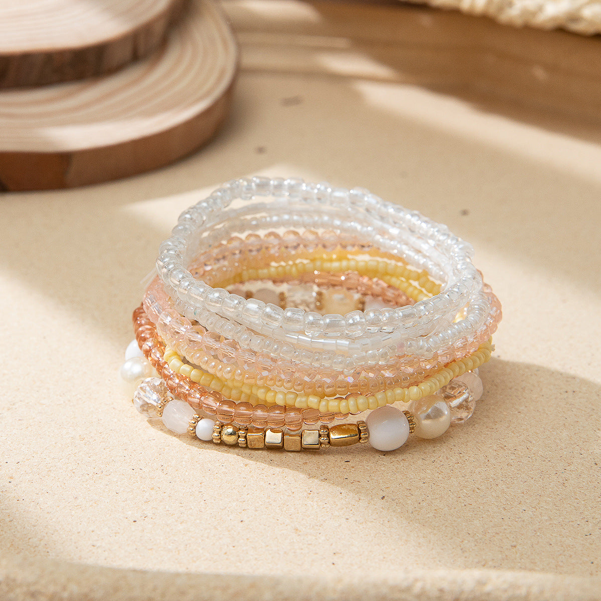 Conjunto de pulseras elásticas de cuentas de arroz multicolor bohemias