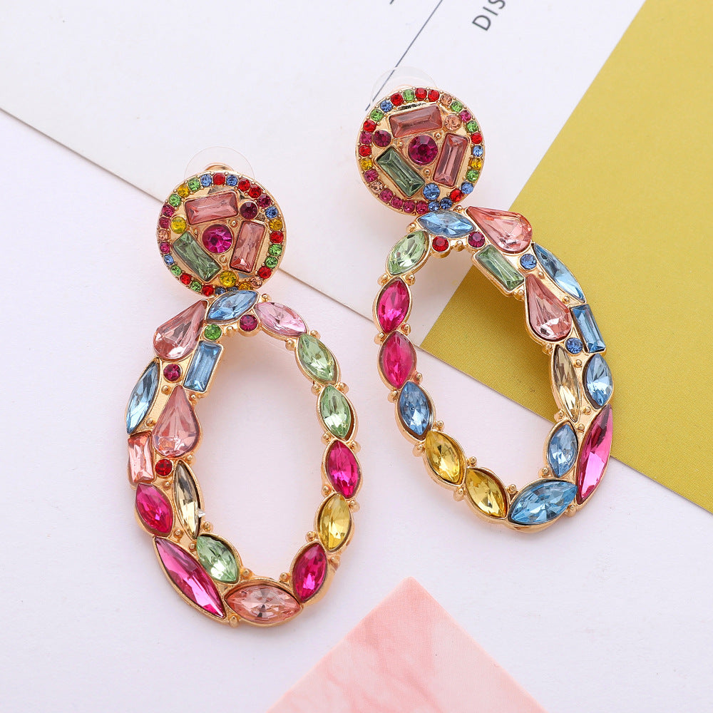 Women Fashion Geometric Oval Rhinestone Alloy Earrings Stylish Jewelry