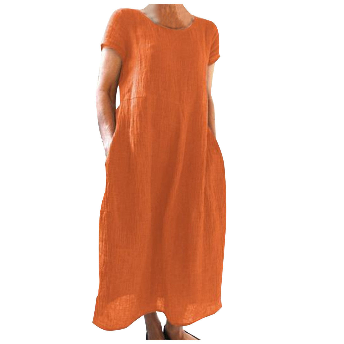 Vestido informal holgado de algodón y lino de color liso para mujer