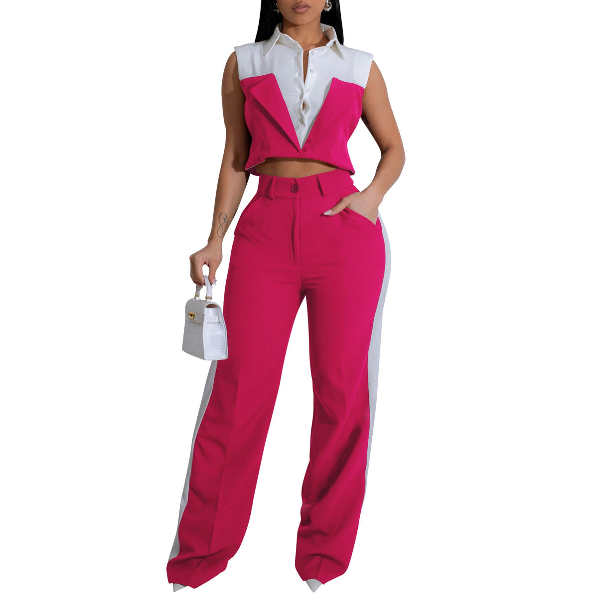 Women Sleeveless Color Blocking Shirt Pants Set Polyester Spandex