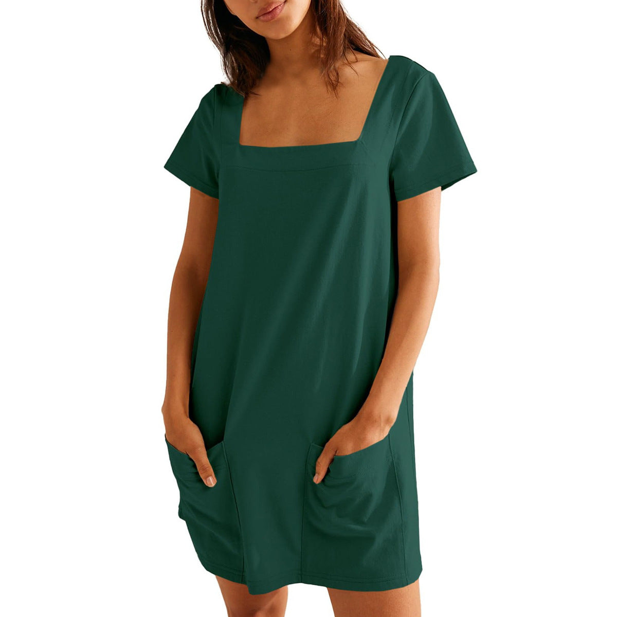 Women Fashion Casual Solid Color Square Neck Dress