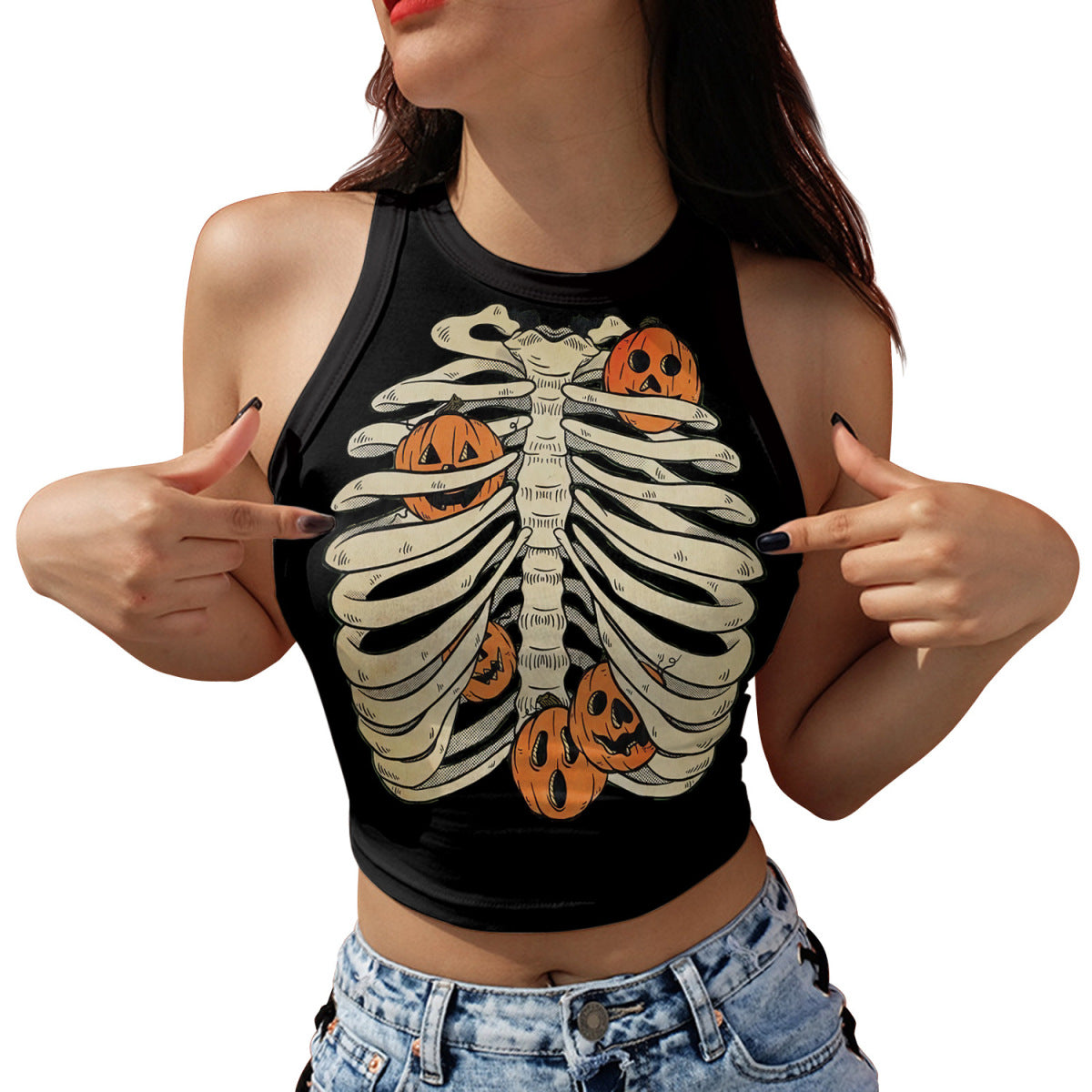 Halloween Pumpkin Skull Print Crop Top for Women