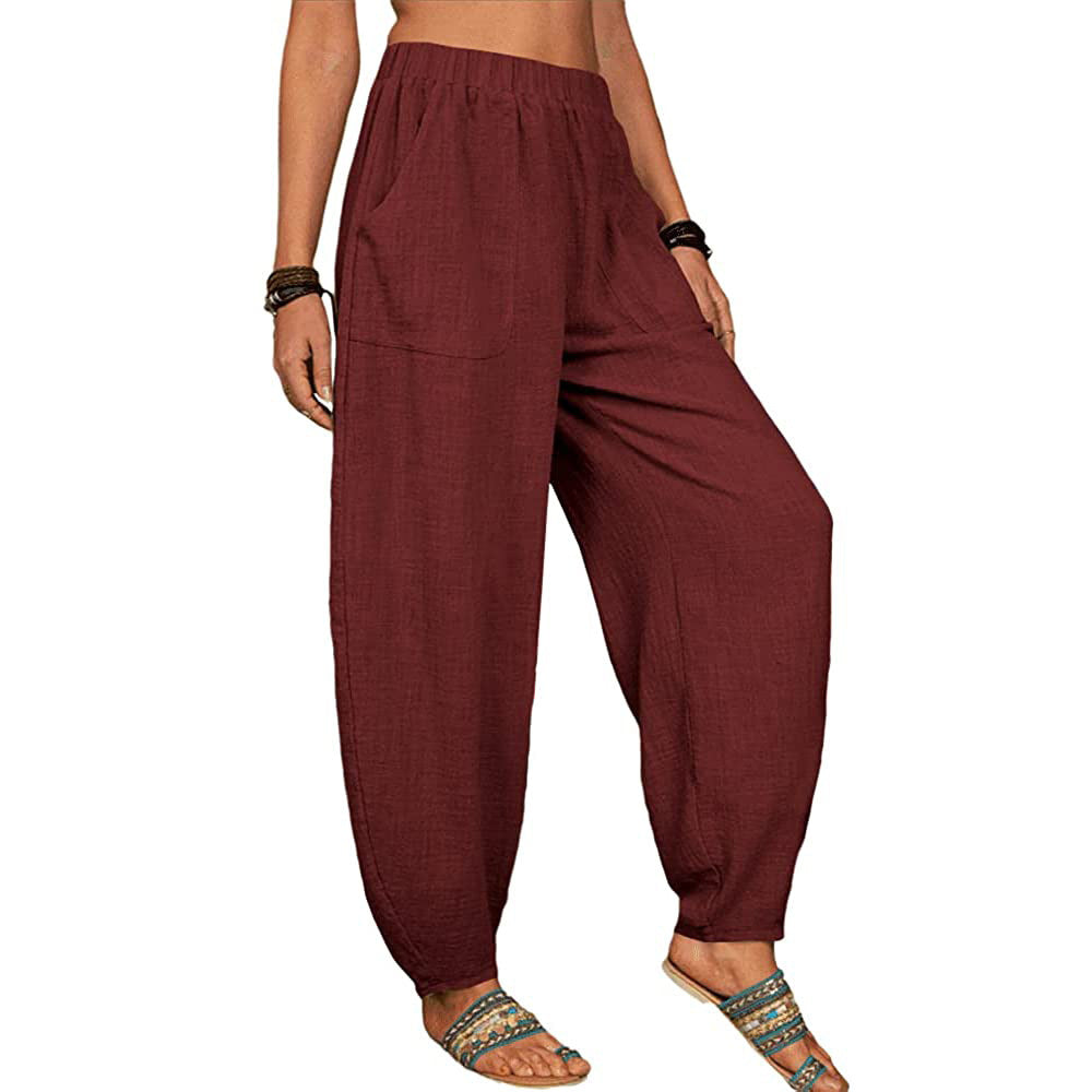 Pantalones harén de lino y algodón informales a la moda para mujer