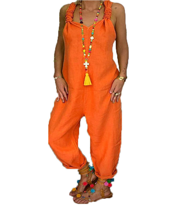 Women Casual Solid Color Linen Sleeveless Jumpsuits