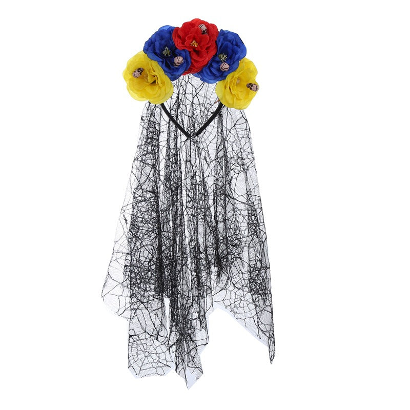 Bandeau en tissu de style gothique avec motif floral et tête de mort, ornement d'Halloween