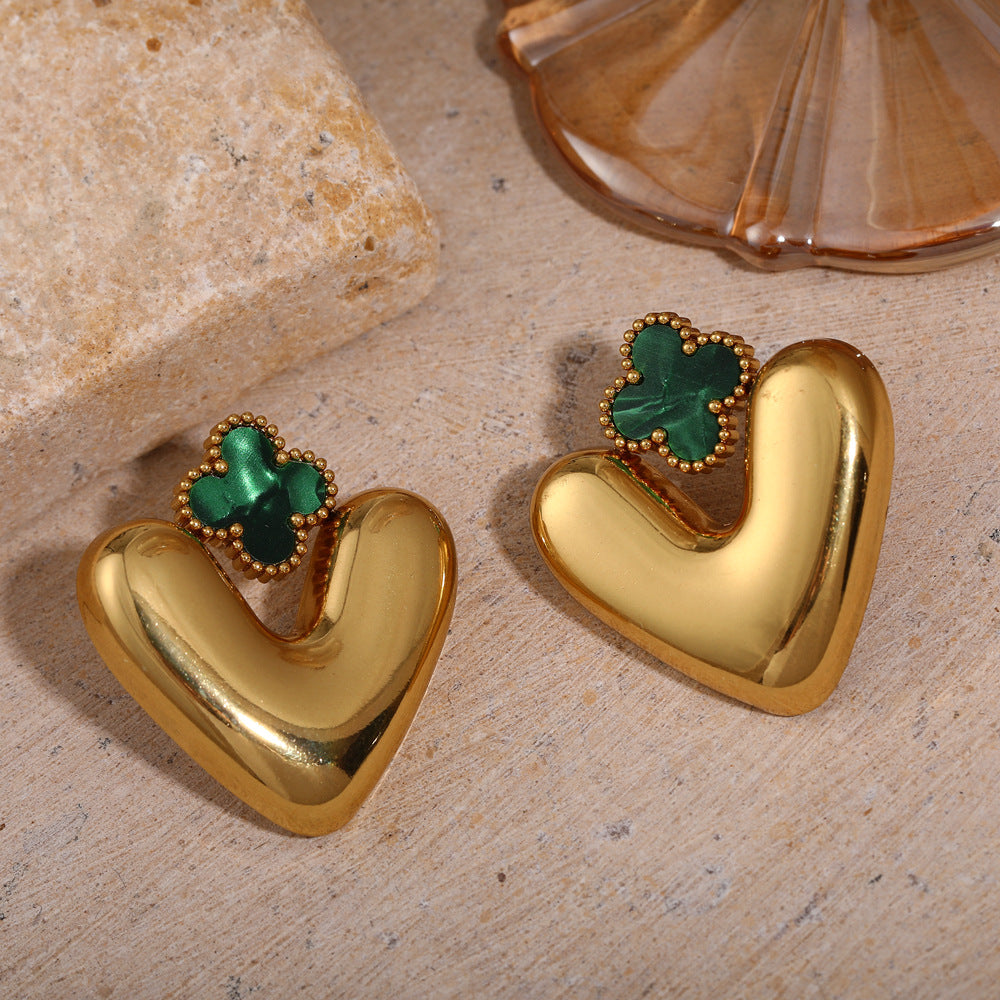 Personalized Heart-Shaped Four-Leaf Clover Earrings Stainless Steel Fashion OL