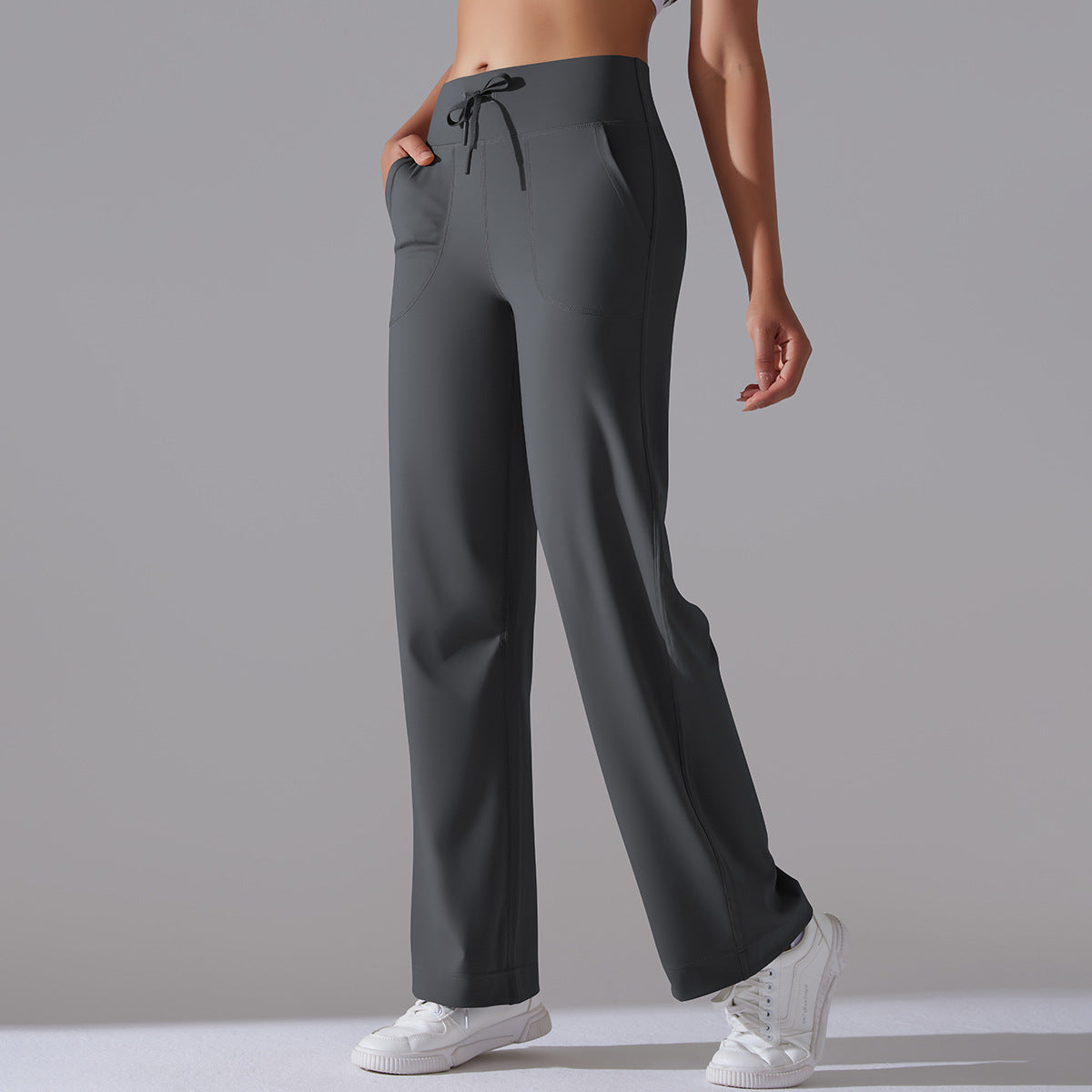 Pantalon taille haute décontracté de couleur unie pour femme