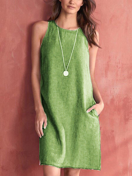 Vestido de cuello redondo de lino y algodón a la moda para mujer
