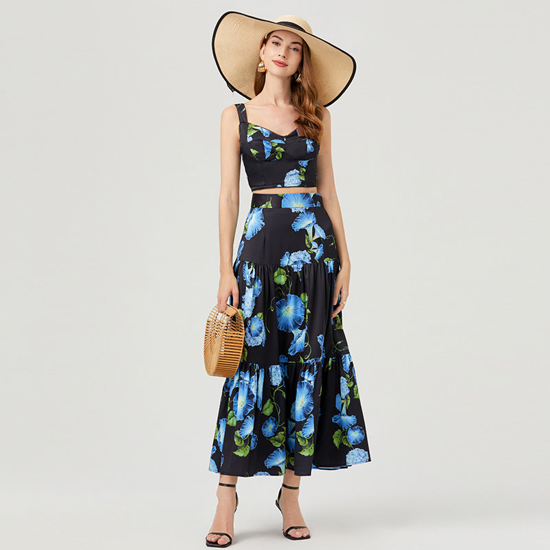 Women Summer Vacation Floral Print Crop Tank Top Long Skirt Set