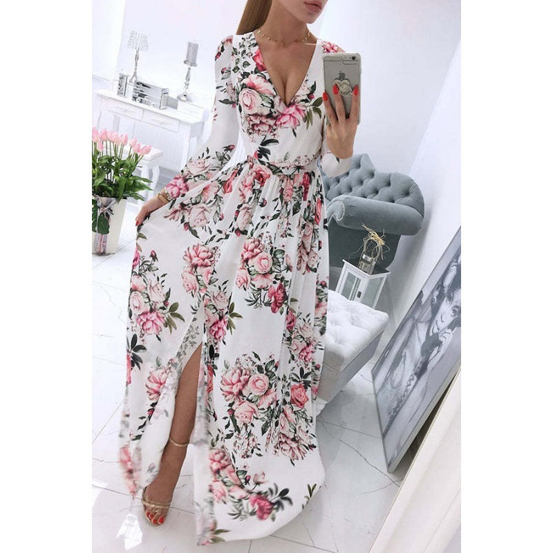Vestido largo informal de verano para mujer, de gasa, bohemio, con estampado floral, cuello en V y manga larga