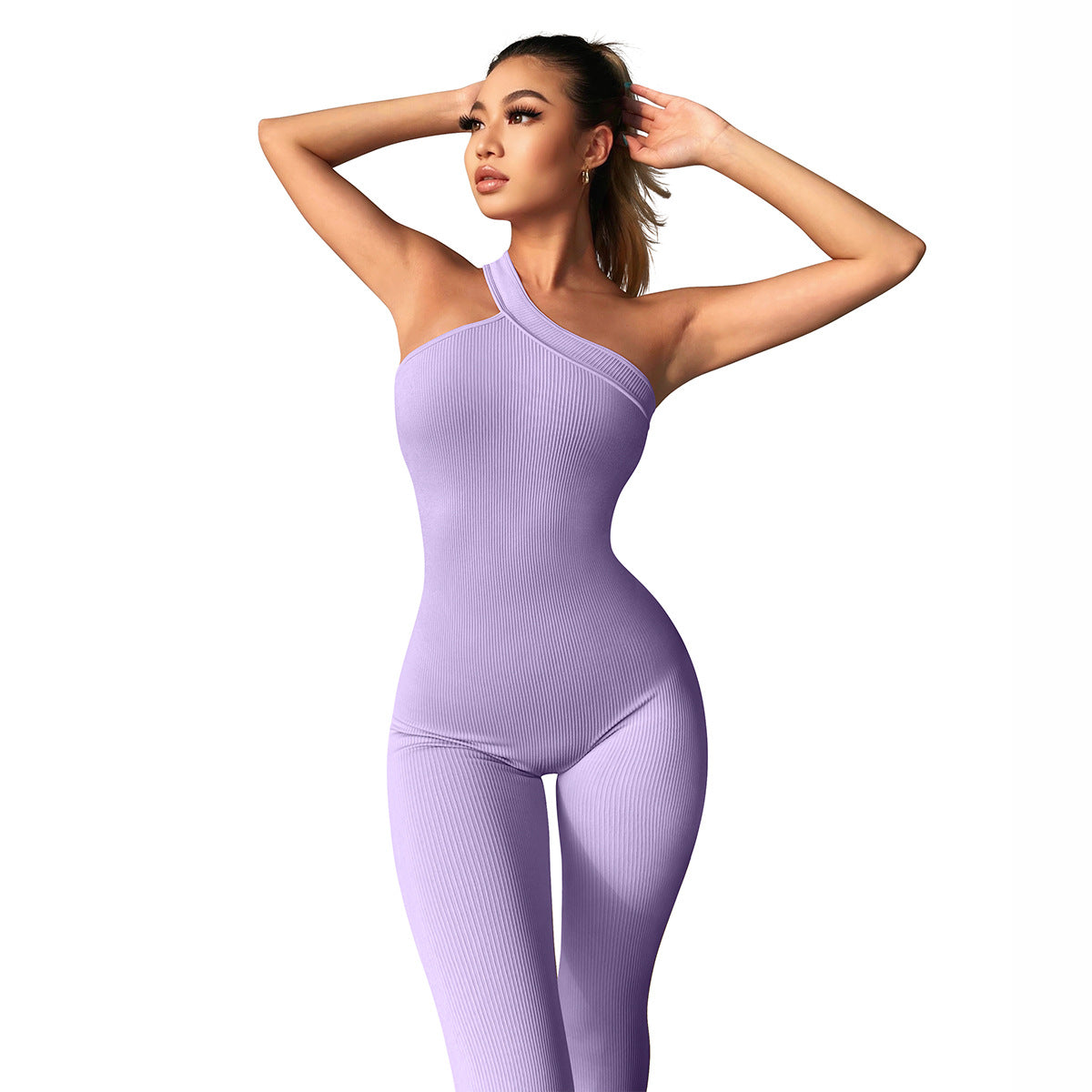 Women Fashion Sexy Solid Color Slanted Shoulder Jumpsuit