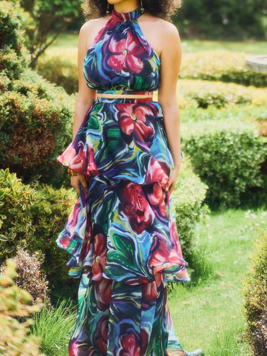 Vestido elegante sin mangas con cuello redondo y estampado a la moda para mujer