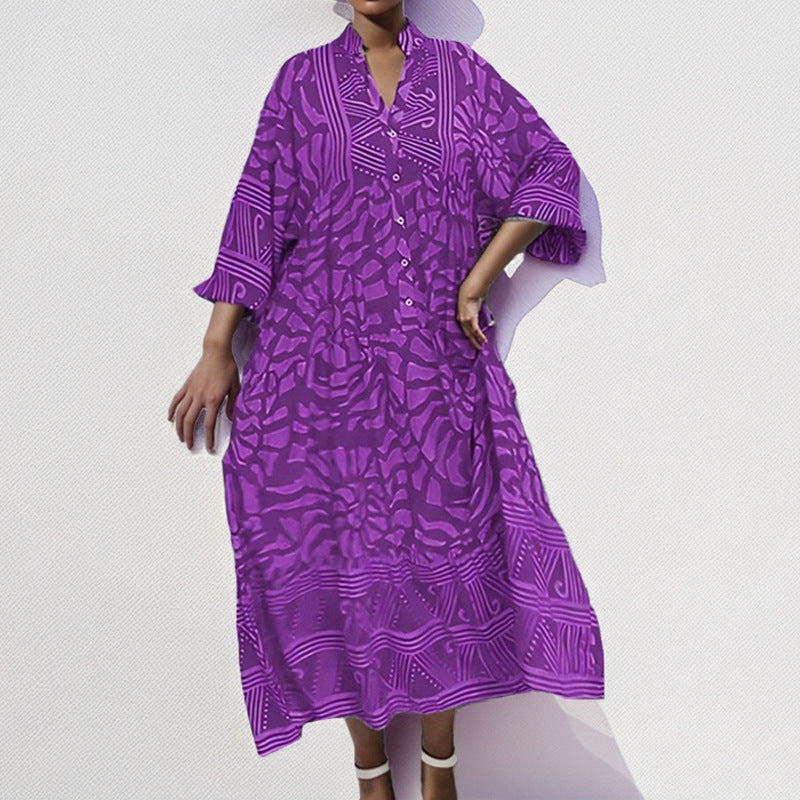 Vestido informal de talla grande con cuello en V y manga larga para mujer