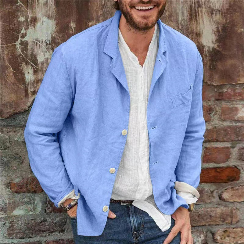 Men Fashion Casual Solid Color Linen Long Sleeve Blazer