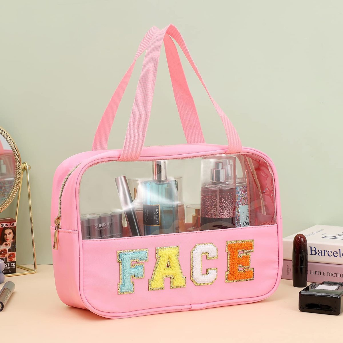 Bolsa de cosméticos transparente de PVC con letras bordadas
