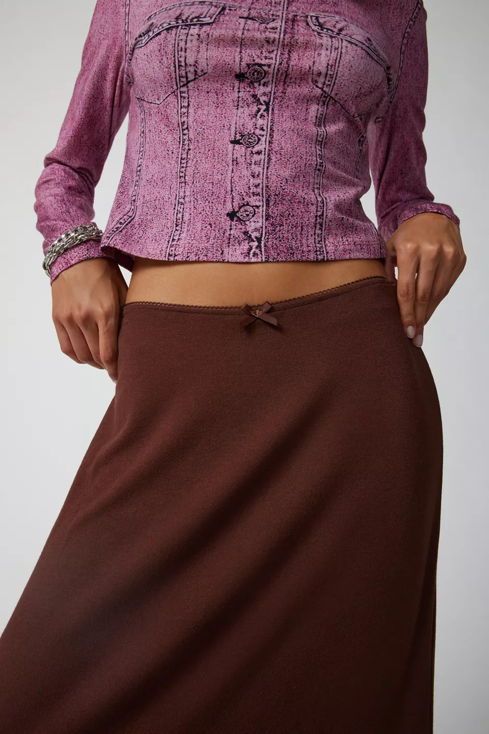 Falda larga de encaje con lazo de color liso a la moda para mujer