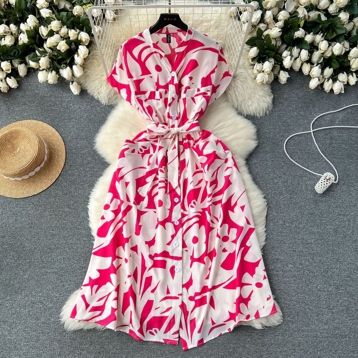 Women Fashion Casual Vacation Printed V-Neck Dress