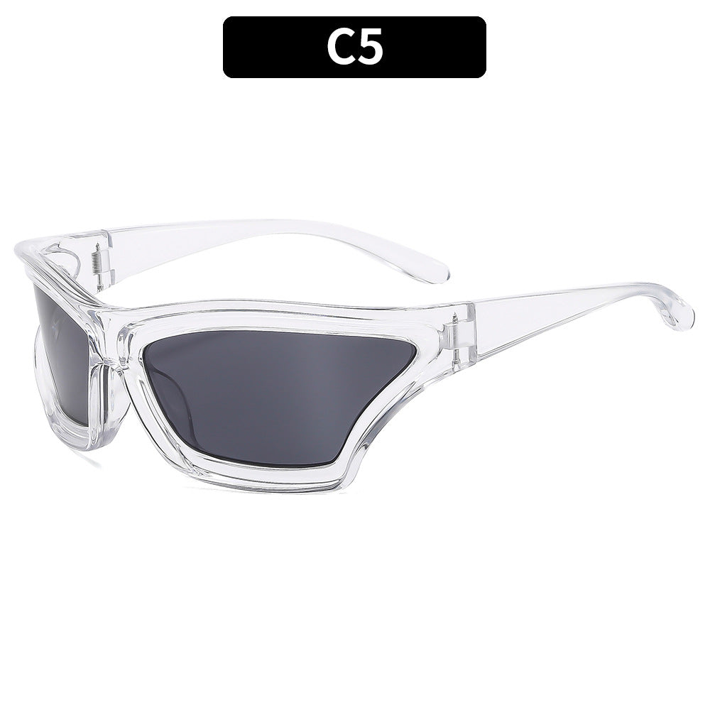 Gafas de sol creativas de moda con montura irregular, lentes acrílicas y montura de PC.