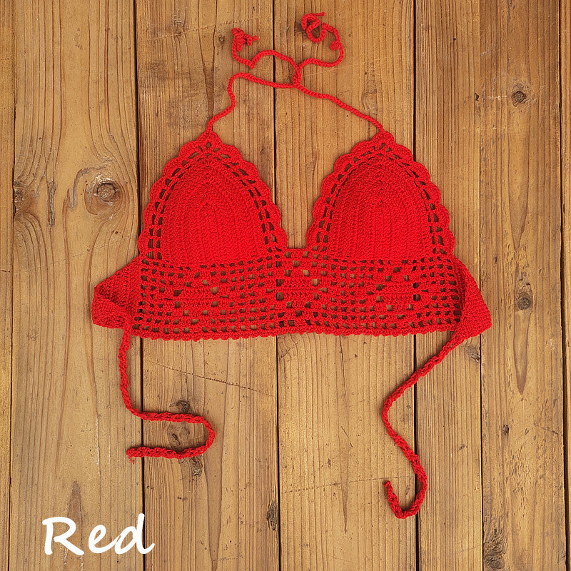 Top de bikini de crochet con cuello halter, sexy, de color liso para mujer
