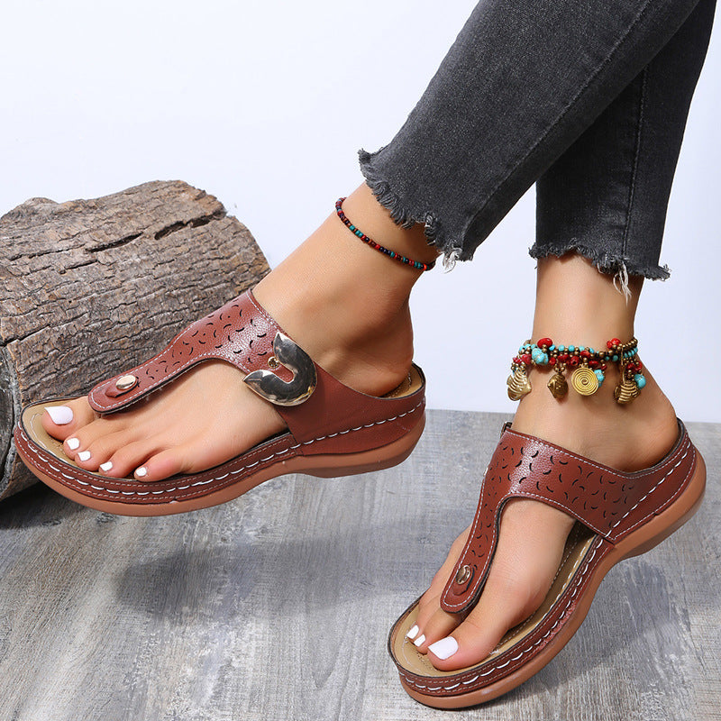 Women Fashion Casual Solid Color Wedge Slippers with Buckle