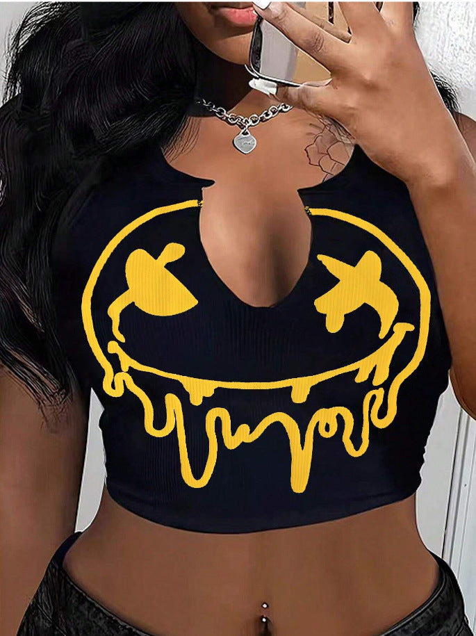 Top corto sin mangas con cuello en U y estampado de letras sexy para mujer