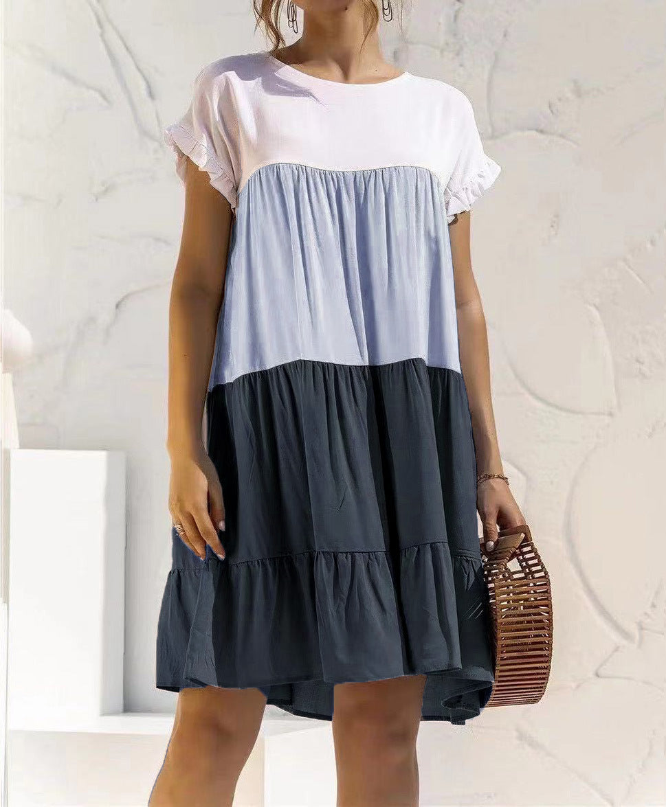 Women Fashion Casual Color Block Round Neck Dress