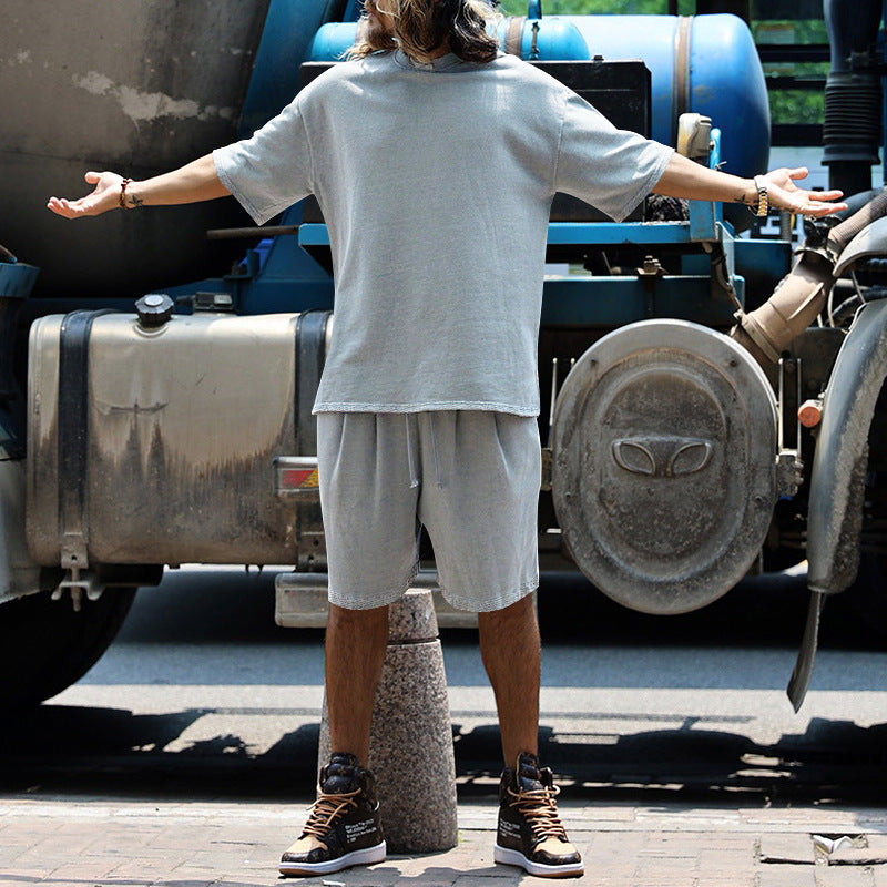 Men's Casual Solid Color Cotton Blend T-Shirt and Shorts Set