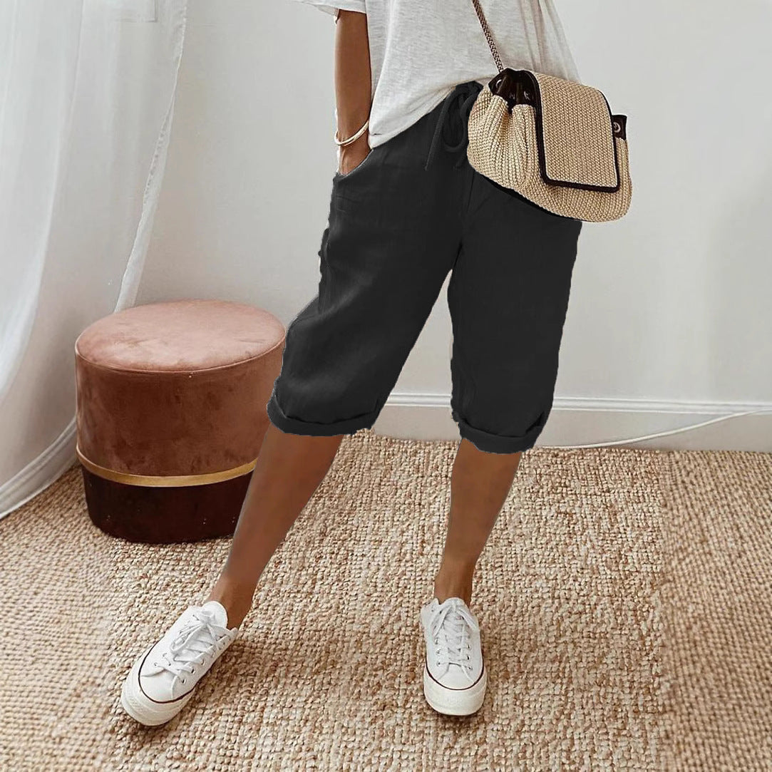 Women Casual Cotton And Linen Solid Color Pocket Pants
