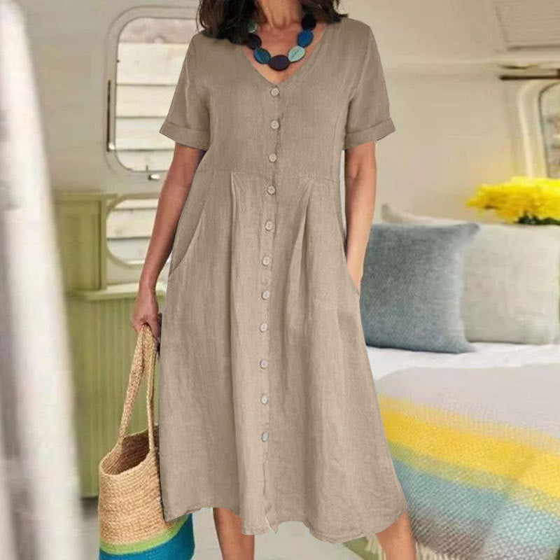 Robe midi taille haute en coton et lin, couleurs unies