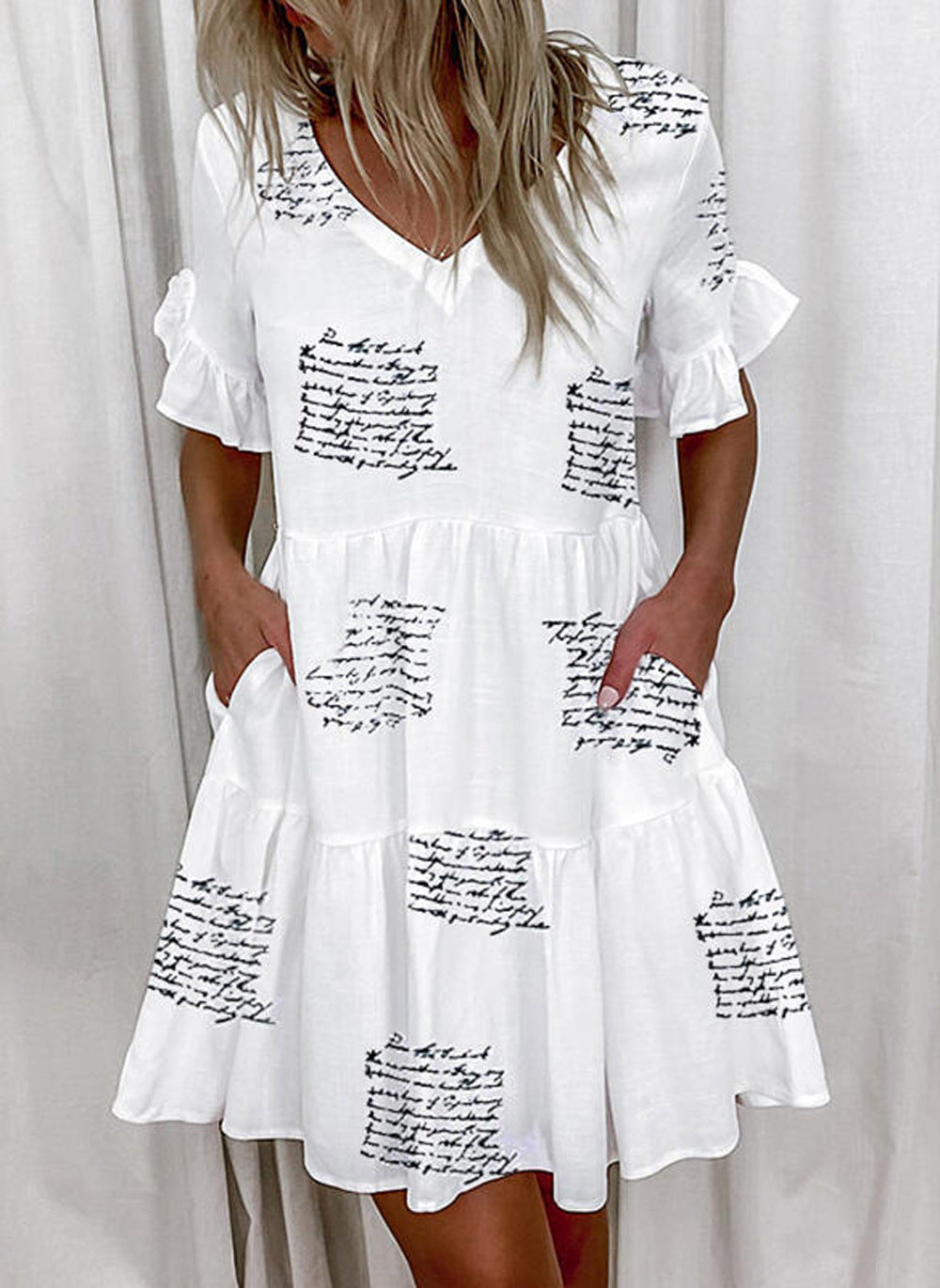 Women Fashion Casual Printed Color Block V-Neck Dress