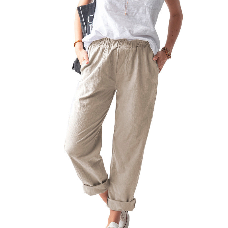 Women Casual Solid Color Cotton And Linen Pants