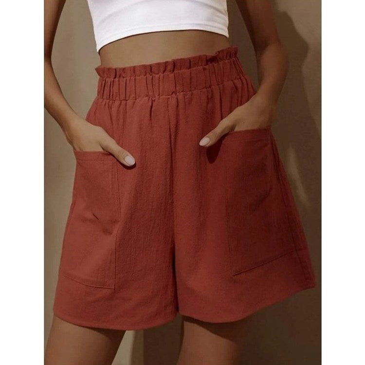 Pantalones cortos casuales de lino y algodón de cintura alta para mujer con pierna ancha
