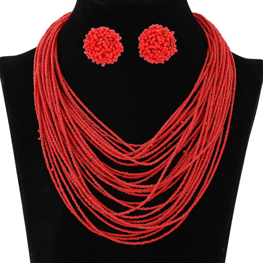 Conjunto de collar y pendientes con cuentas de arroz multicapa estilo bohemio para mujer