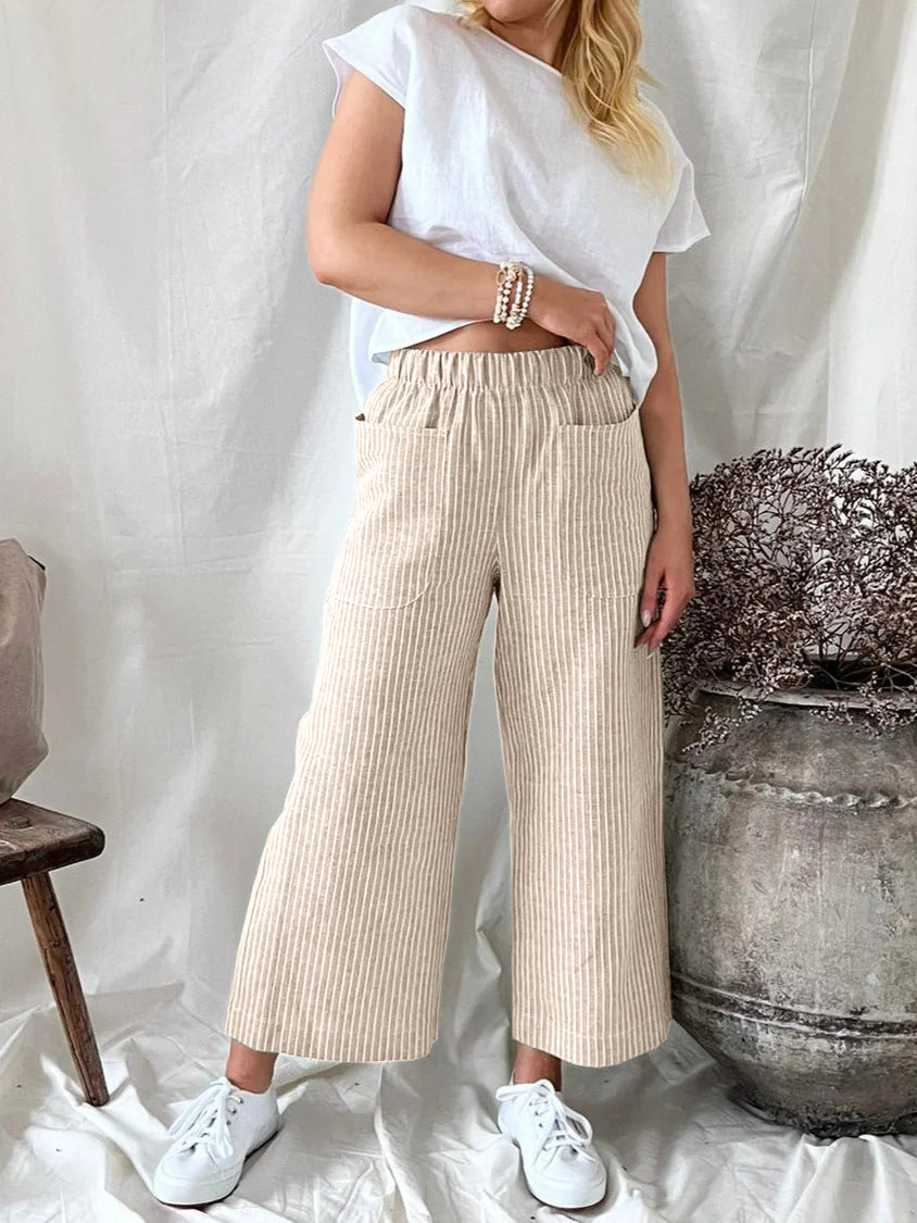 Pantalones casuales de lino y algodón a rayas de pierna ancha para mujer