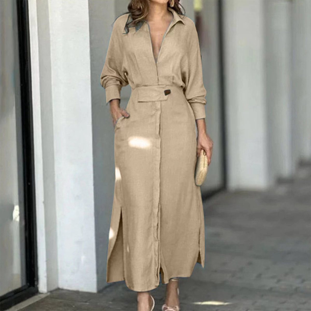 Women Fashion Elegant Solid Color Dress with Shirt Collar