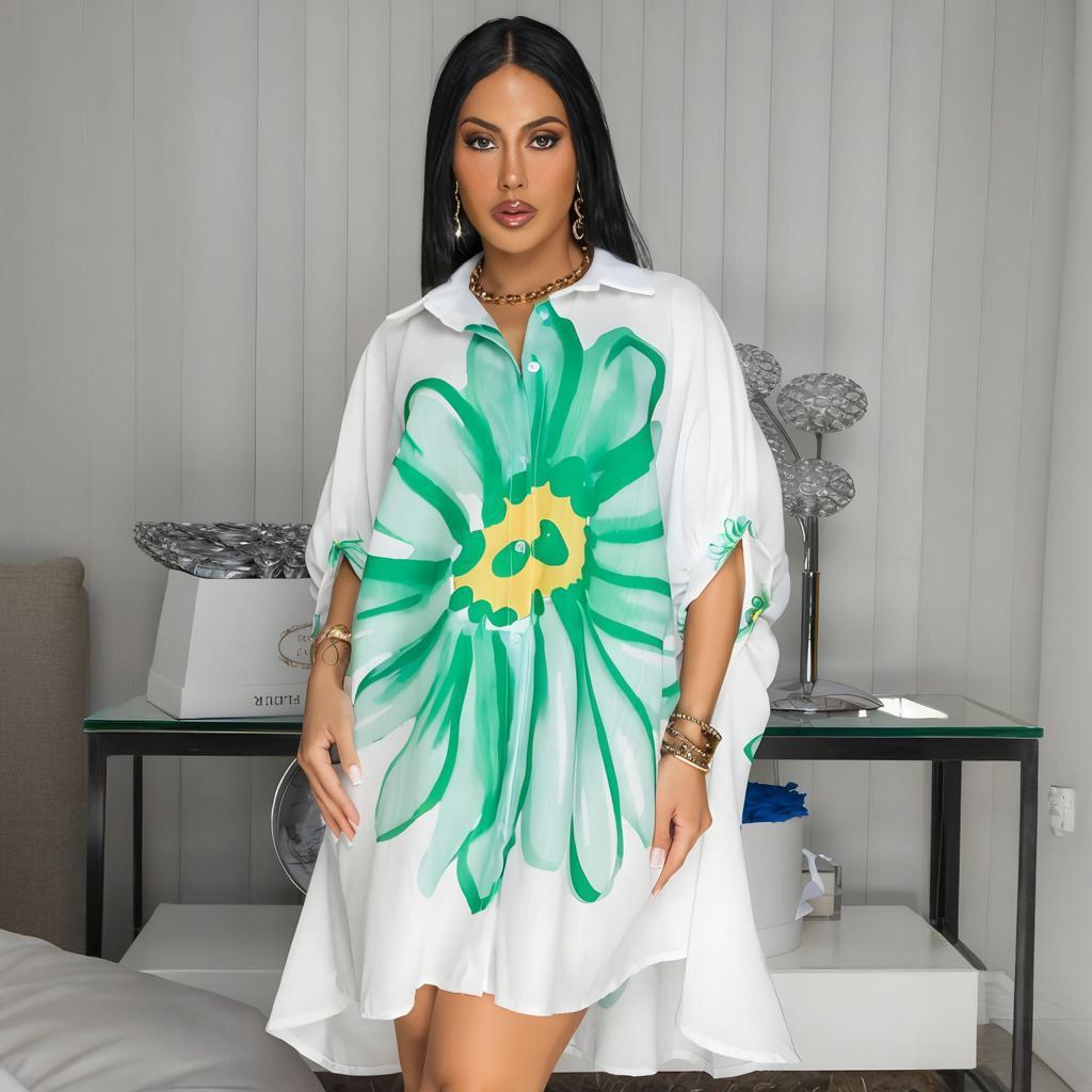 Women Casual Floral Printed Shirt Cardigan Dress Stylish Polyester