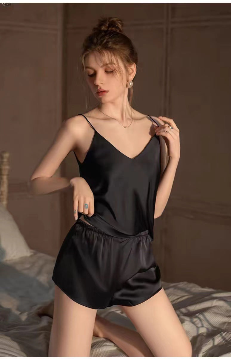 Conjunto de pijama holgado de dos piezas con camisola y pantalones cortos de seda helada para mujer